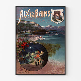 Vintage poster Aix-les-Bains, nachtfeest, in een smal lijstje aan een lichte muur.