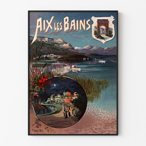 Vintage poster Aix-les-Bains, nachtfeest, in een smal lijstje aan een lichte muur.