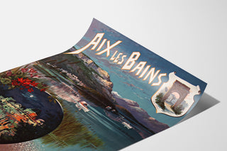 Vintage poster Aix-les-Bains, nachtfeest, gepresenteerd op een gebogen blad, perspectivisch gezien.