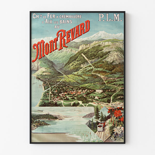 Vintage poster Aix-les-Bains, Mont-Revard, crémaillère, in een smal lijstje aan een lichte muur.