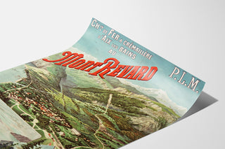 Vintage poster Aix-les-Bains, Mont-Revard, crémaillère, gepresenteerd op een gebogen blad, perspectivisch gezien.
