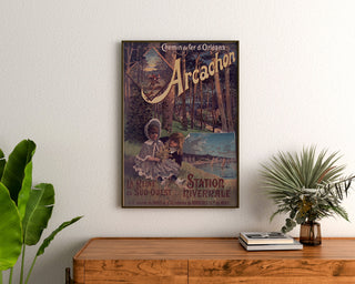 Vintage poster Arcachon, winterresort, ingelijst boven een houten dressoir, tussen planten.