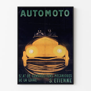 Vintage poster Automoto, Saint-Étienne, in een smal frame aan een lichte muur.
