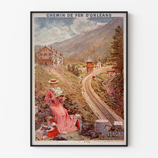 Vintage Auvergne-poster, Le Lioran, gepresenteerd in een smal frame aan een lichte muur.