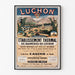 Vintage poster Bagnères-de-Luchon, kuur, gepresenteerd in een smal kader tegen een lichte muur.