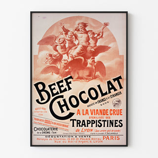 Vintage poster Beef Chocolat, chocolaterie de la Drôme, tentoongesteld in een smal lijstje aan een lichte muur.