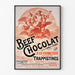 Vintage poster Beef Chocolat, chocolaterie de la Drôme, tentoongesteld in een smal lijstje aan een lichte muur.