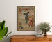 Vintage poster Boulogne-sur-Mer, 24 express, ingelijst boven een houten dressoir, tussen planten.