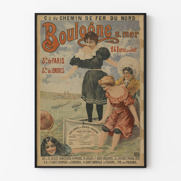 Vintage poster Boulogne-sur-Mer, 24 express, getoond in een smal lijstje tegen een lichte muur.