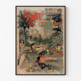 Vintage Cannes poster, Grand Hôtel des Pins, displayed in a slim frame on a light wall.