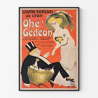 Vintage poster Casino Kursaal, Ohé Gédéon, gepresenteerd in een smal lijstje aan een lichte muur.