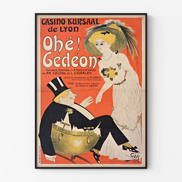 Vintage Casino Kursaal “Ohé Gédéon” poster, displayed in a slim frame on a light wall.