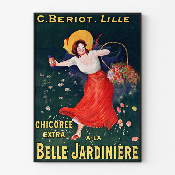 Vintage poster Chicorée Bériot, Lille, getoond in een slank frame tegen een lichte muur.