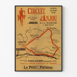 Vintage poster Circuit d’Anjou, wandelen, in een smal frame aan een lichte muur.