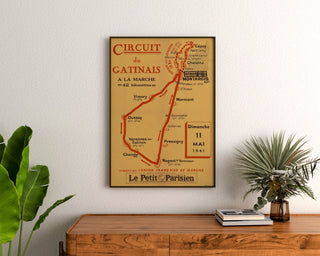 Vintage poster Circuit du Gâtinais, wandelen, ingelijst boven een houten ladekast, tussen planten.