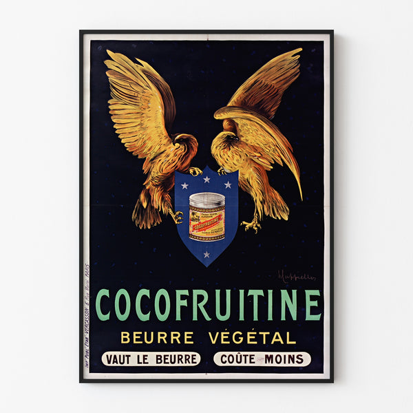 Vintageposter Cocofruitine, plantaardige boter, getoond in een smal lijstje tegen een lichte muur.