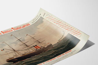 Vintage poster Compagnie Générale Transatlantique – Antillijnen, gepresenteerd op een gebogen blad, in perspectief bekeken.