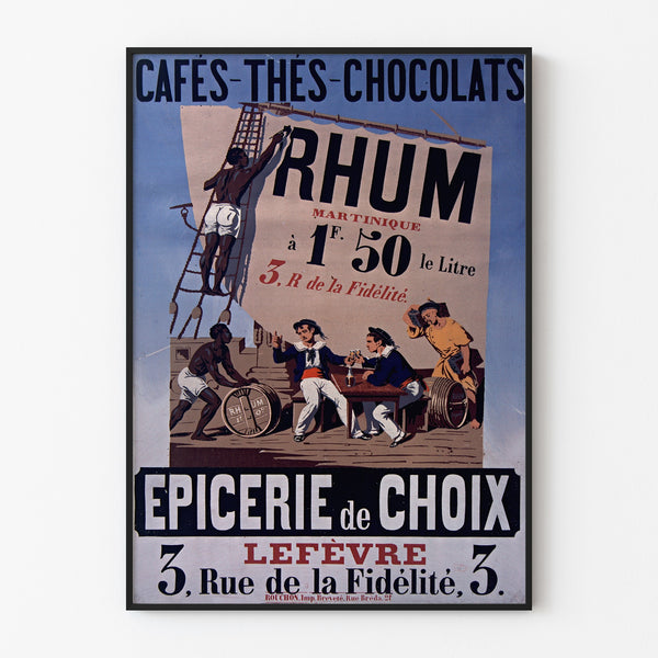 Vintage poster Épicerie Lefèvre, koffie en chocolade, in een slank kader aan een lichte muur.