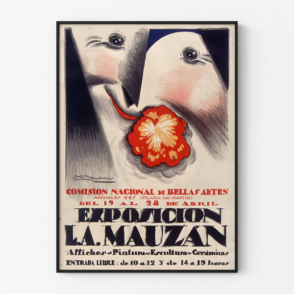 Vintage Achille Mauzan exhibition poster, shown in a slim frame on a light wall.