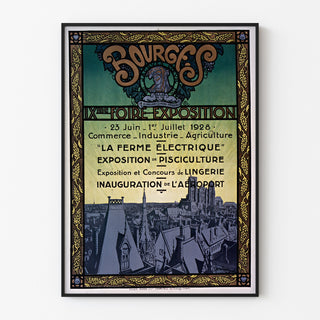 Vintage poster Foire-exposition de Bourges, gepresenteerd in een smal frame aan een lichte muur.