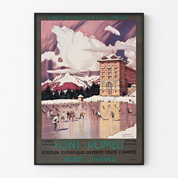 Vintage Font-Romeu ski poster, displayed in a slim frame on a light wall.