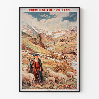 Vintageposter Gavarnie, chemin de fer d’Orléans, gepresenteerd in een smal kader aan een lichte muur.