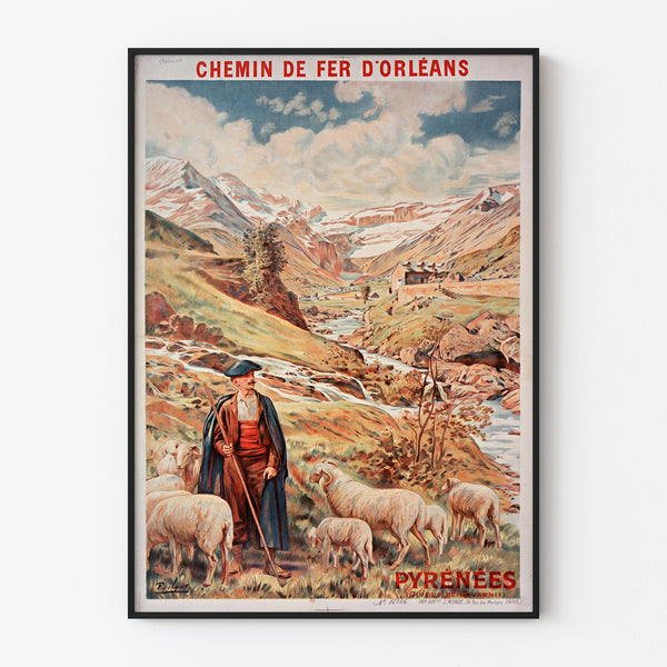 Vintageposter Gavarnie, chemin de fer d’Orléans, gepresenteerd in een smal kader aan een lichte muur.