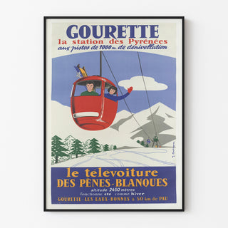 Vintageposter Gourette, télévoiture, gepresenteerd in een smal kader aan een lichte muur.