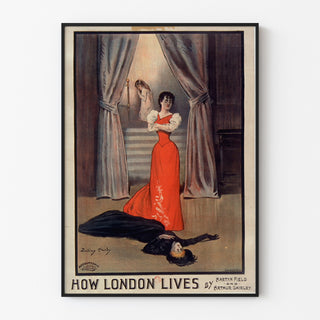 Vintageposter How London Lives, Surrey Theatre, getoond in een smal lijstje tegen een lichte muur.