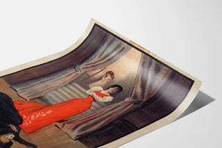 Vintageposter How London Lives, Surrey Theatre, gepresenteerd op een licht gebogen vel, in perspectief gezien.
