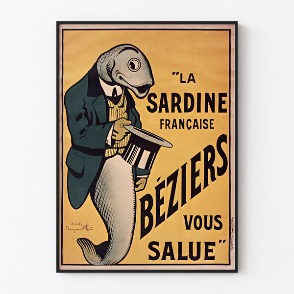 Vintage poster La Sardine française, Béziers, gepresenteerd in een smal kader tegen een lichte muur.