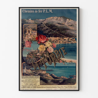Vintage affiche La Turbie, spoorwegen PLM, gepresenteerd in een smal frame aan een lichte muur.
