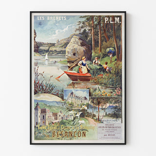 Vintage poster Les Brenets — PLM, zoutbaden in Besançon, tentoongesteld in een smal lijstje aan een lichte muur.