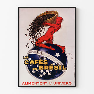 Vintage affiche Les Cafés du Brésil, gepresenteerd in een smal frame aan een lichte muur.