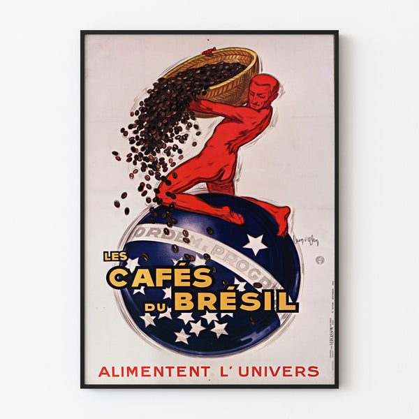 Vintage affiche Les Cafés du Brésil, gepresenteerd in een smal frame aan een lichte muur.