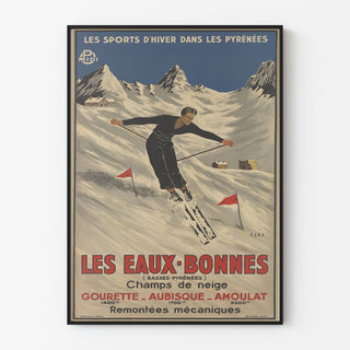 Vintageposter Les Eaux-Bonnes, wintersport, gepresenteerd in een smal kader aan een lichte muur.