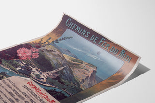 Vintage poster Lourdes, badplaatsen, gepresenteerd op een gebogen vel, perspectiefzicht.