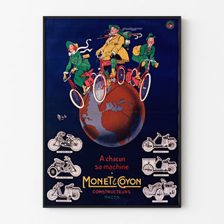 Vintage poster Monet & Goyon, machines, in een smal lijstje aan een lichte muur.