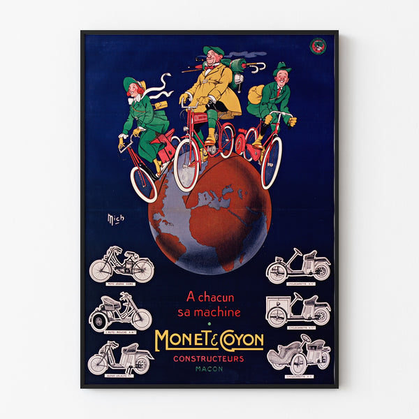 Vintage poster Monet & Goyon, machines, in een smal lijstje aan een lichte muur.