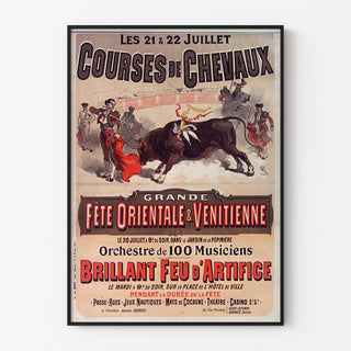 Vintage poster Mont-de-Marsan, feesten en wedstrijden, gepresenteerd in een smal lijstje aan een lichte muur.