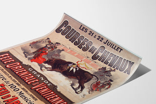 Vintage poster Mont-de-Marsan, feesten en wedstrijden, gepresenteerd op een gebogen blad, perspectivisch uitzicht.