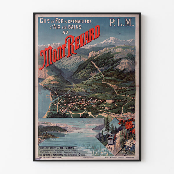 Vintageposter Mont-Revard, tandradspoor, in een smal lijstje aan een lichte muur.