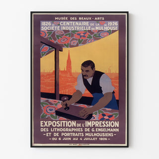 Vintage poster Mulhouse, lithografische expositie, gepresenteerd in een smal lijstje aan een lichte muur.