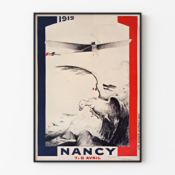 Vintage Nancy poster, aviation meeting, shown in a slim frame on a light wall.