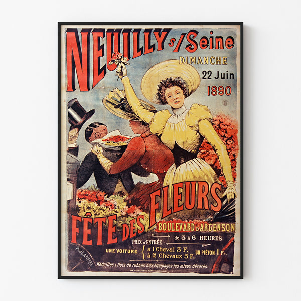 Vintage poster Neuilly, Flower Festival, 1890, shown in a slim frame on a light wall.