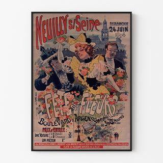 Vintage poster Neuilly, bloemenspektakel, 1894, in een slank kader aan een lichte muur.