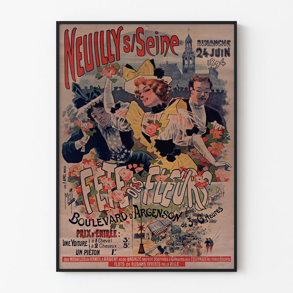 Vintage poster Neuilly, Flower Festival, 1894, shown in a slim frame on a light wall.