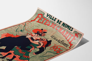 Vintage poster Nîmes, liefdadigheidsfeesten, gepresenteerd op een gebogen blad, perspectivisch gezien.