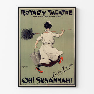 Vintageposter Oh! Susannah!, Royalty Theatre, getoond in een smal lijstje tegen een lichte muur.