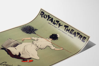 Vintageposter Oh! Susannah!, Royalty Theatre, gepresenteerd op een gebogen vel papier, perspectiefaanzicht.